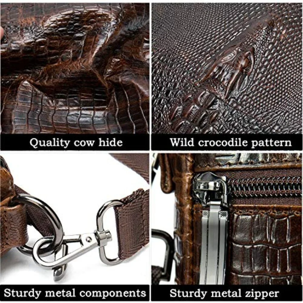 Genuine Leather Messenger Bag Crocodile Embossed Crossbody Daypack Retro